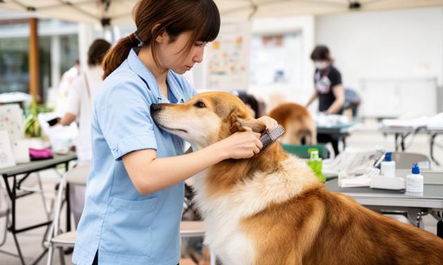 空知管内の保護犬譲渡会で犬の毛並みを整えるグルーマー