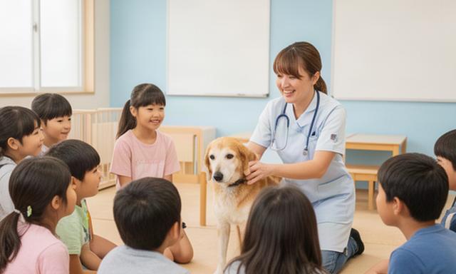 滝川市の小学校で子どもたちに動物との接し方を伝えるスタッフ