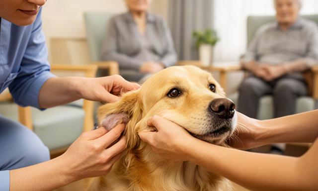 高齢者施設でセラピー犬の耳と足先を手入れするケアスタッフ