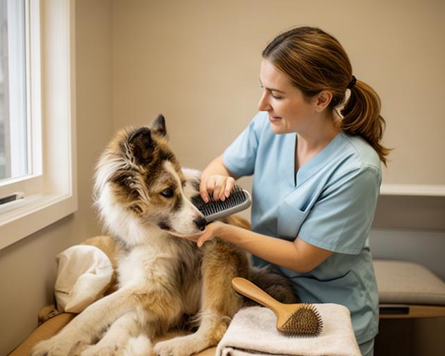 保護犬に声をかけながらブラッシングするアシスタント、落ち着いたサロンの一角