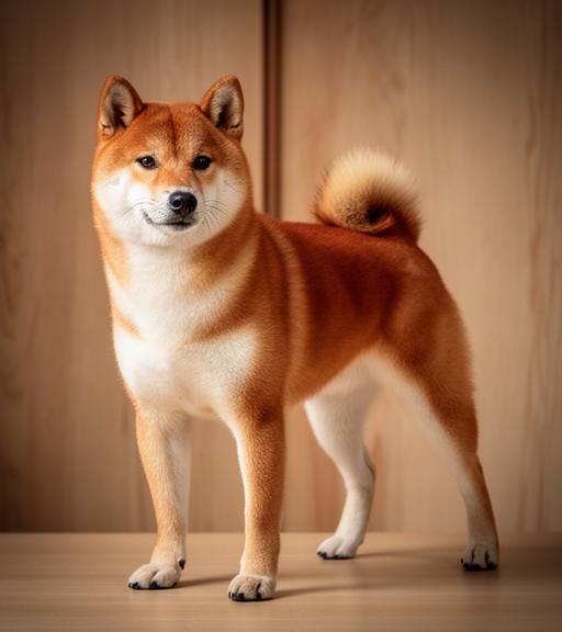 ふんわり和風に整えた柴犬が木の背景の前で立つ写真